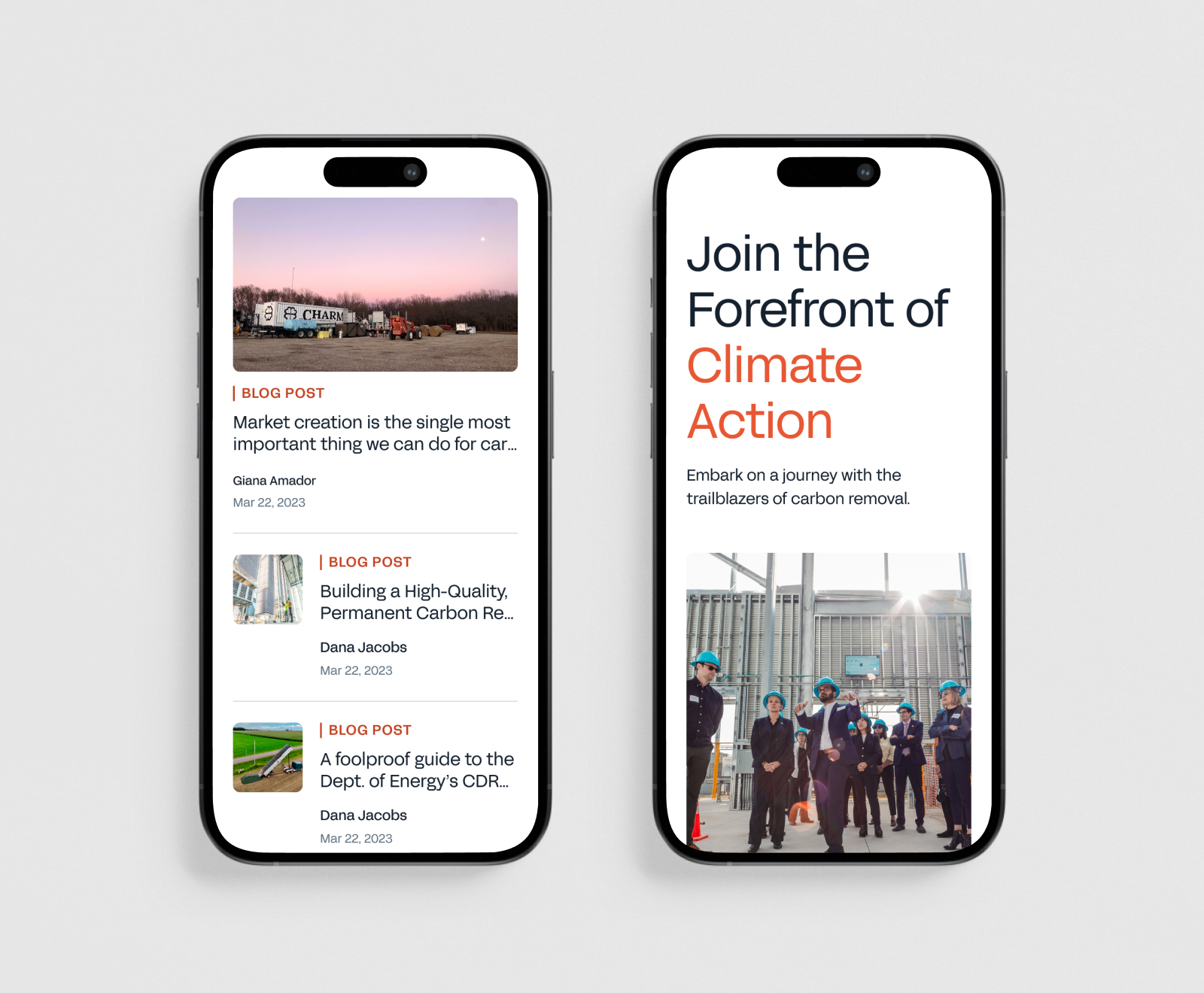 Two smartphone screens display a blog interface and a climate action landing page with blog posts about carbon removal and market creation.