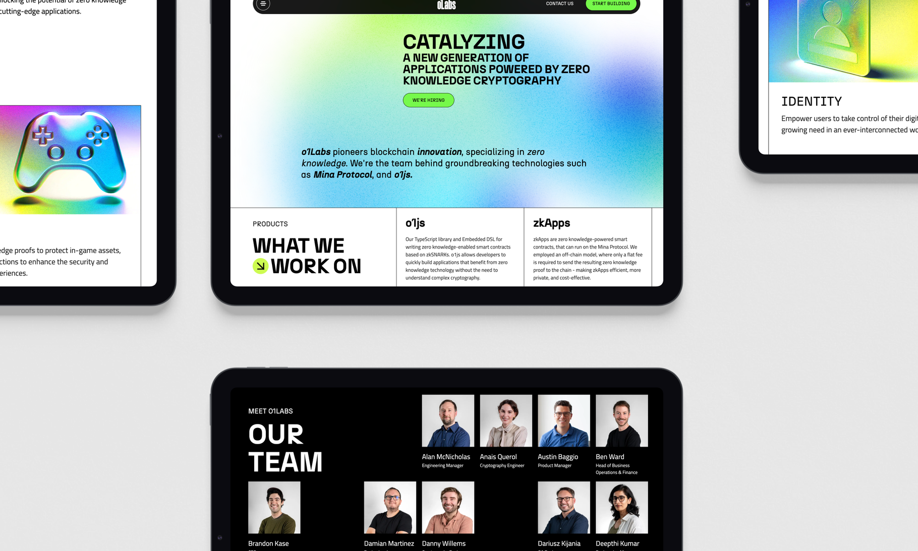 A modern website interface showcases blockchain technology services with a gradient color scheme transitioning from green to blue across multiple tablet displays.