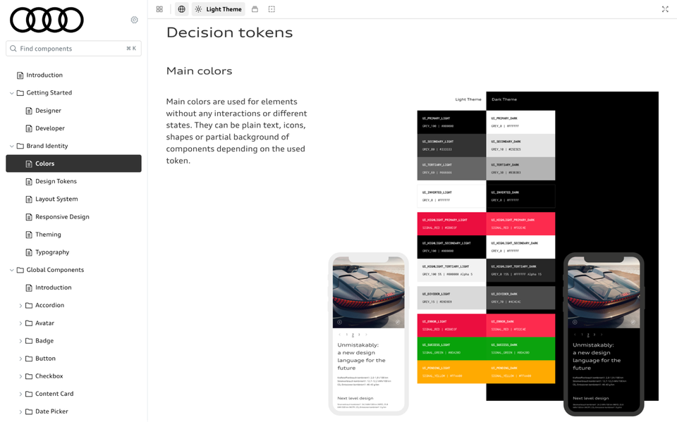 A design system documentation page shows Audi's decision tokens and main color palette with light and dark theme variations displayed on both desktop and mobile device mockups.