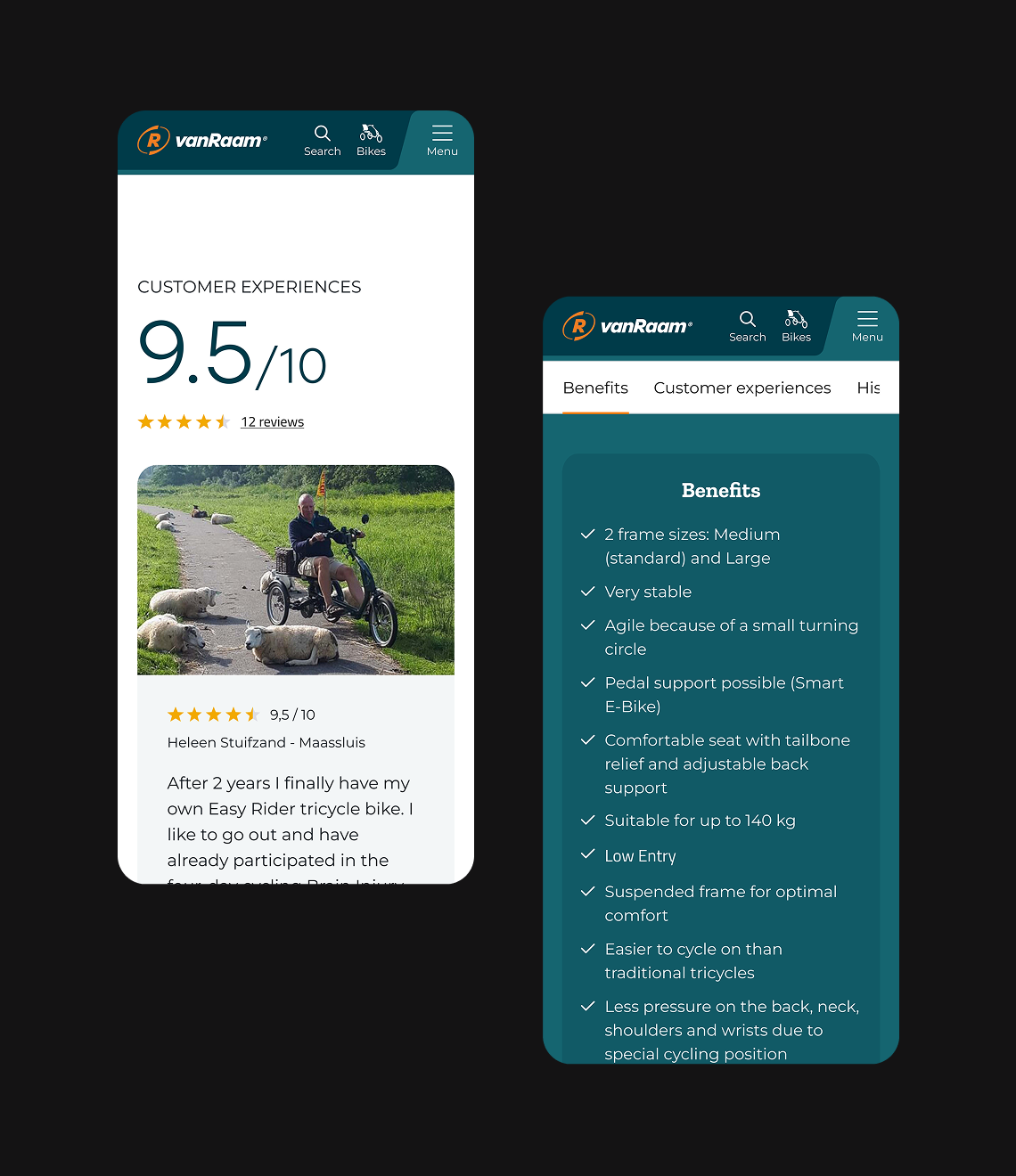 A mobile app interface displays customer reviews and benefits for the Van Raam Easy Rider tricycle, featuring a 9.5/10 rating and detailed product specifications.