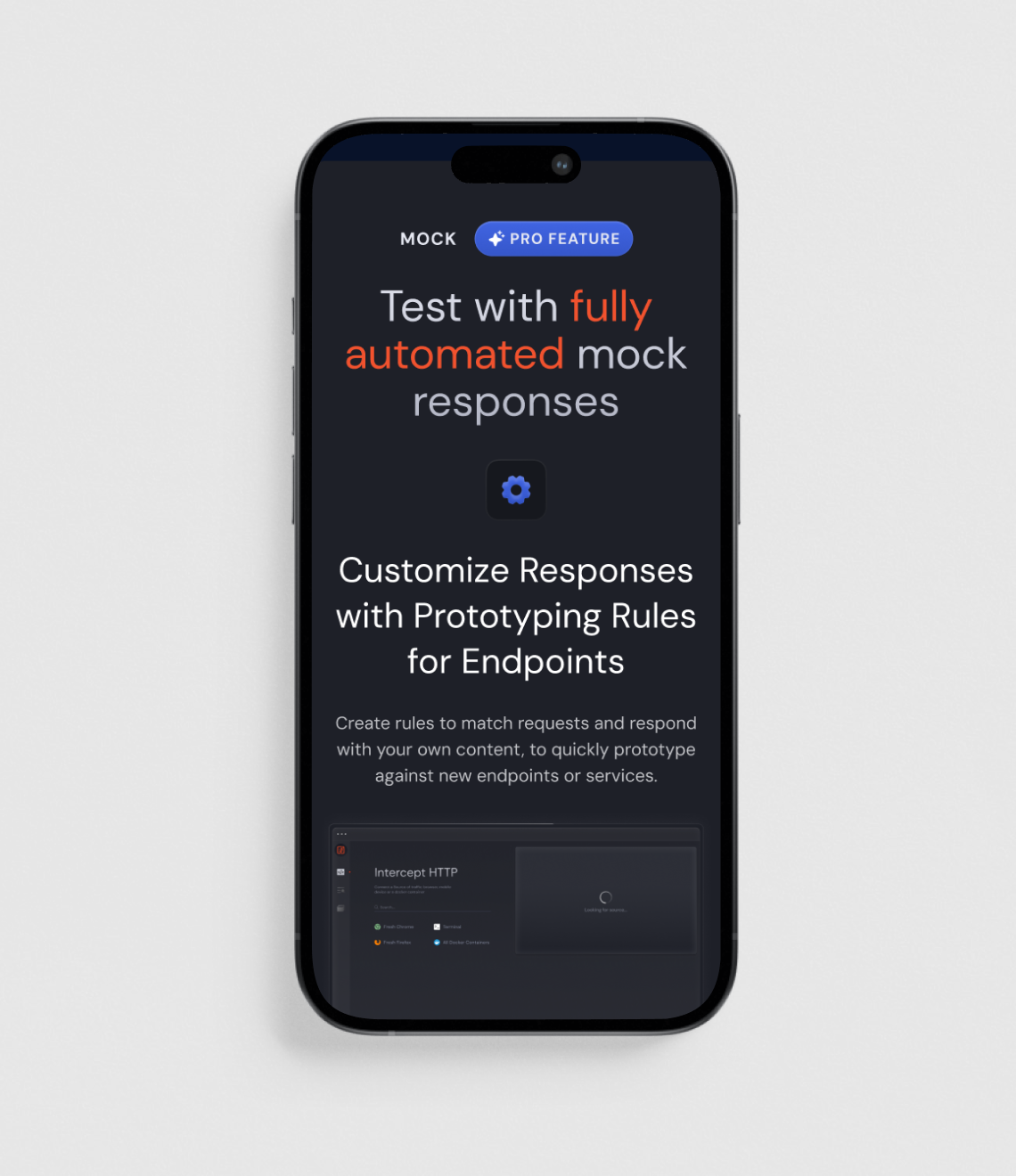 A dark-themed mobile app interface showcases automated mock response features with customizable prototyping rules for API endpoints.