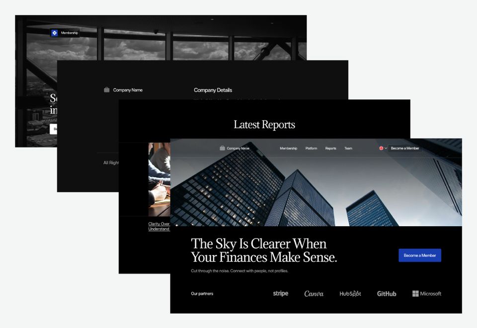 A sleek, dark-themed financial website design showcases multiple overlapping screens featuring corporate buildings, company details, and a tagline about financial clarity.