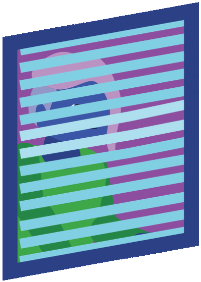 A geometric abstract design features horizontal purple and light blue stripes overlaid with translucent green and blue shapes.