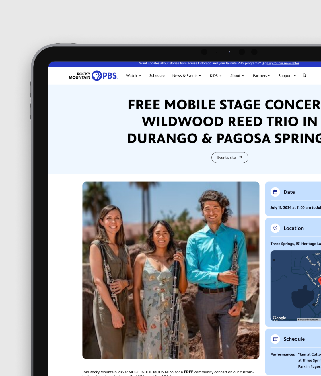 A promotional webpage for Rocky Mountain PBS advertises a free mobile stage concert by the Wildwood Reed Trio in Durango and Pagosa Springs.