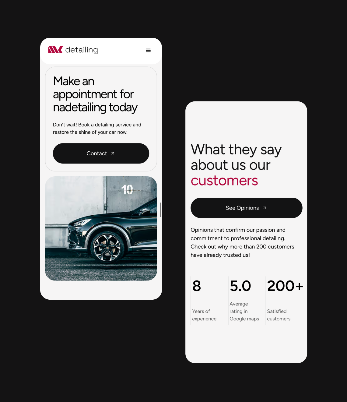 A mobile app interface for a car detailing service showcases appointment booking, customer reviews, and impressive stats including an 8-year track record and 5.0 Google rating.