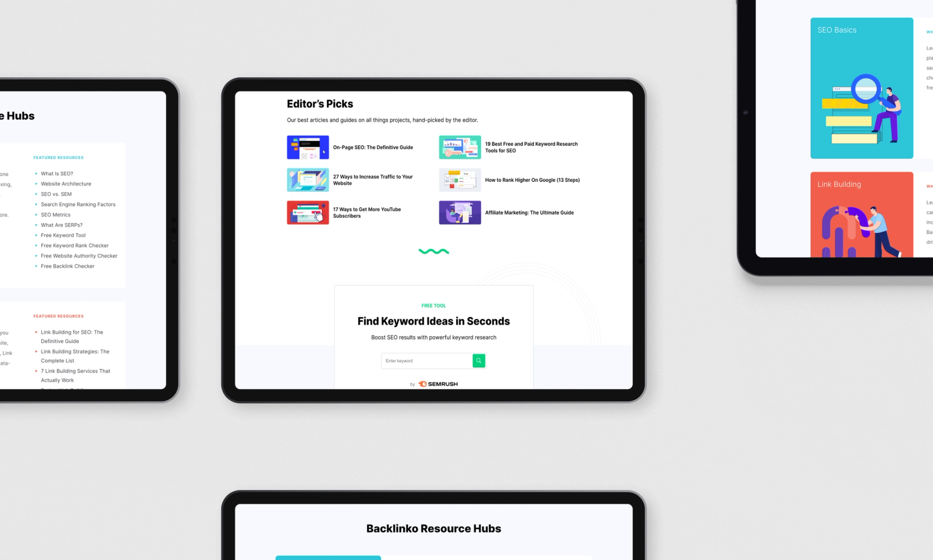 Multiple tablet screens display a clean, modern interface for a keyword research tool called Backlinko Resource Hubs, featuring editor's picks and search functionality.
