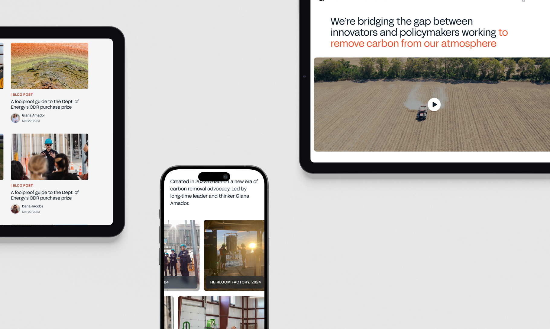 Multiple digital devices display content about carbon removal and environmental initiatives, including social media posts and a video of agricultural land.