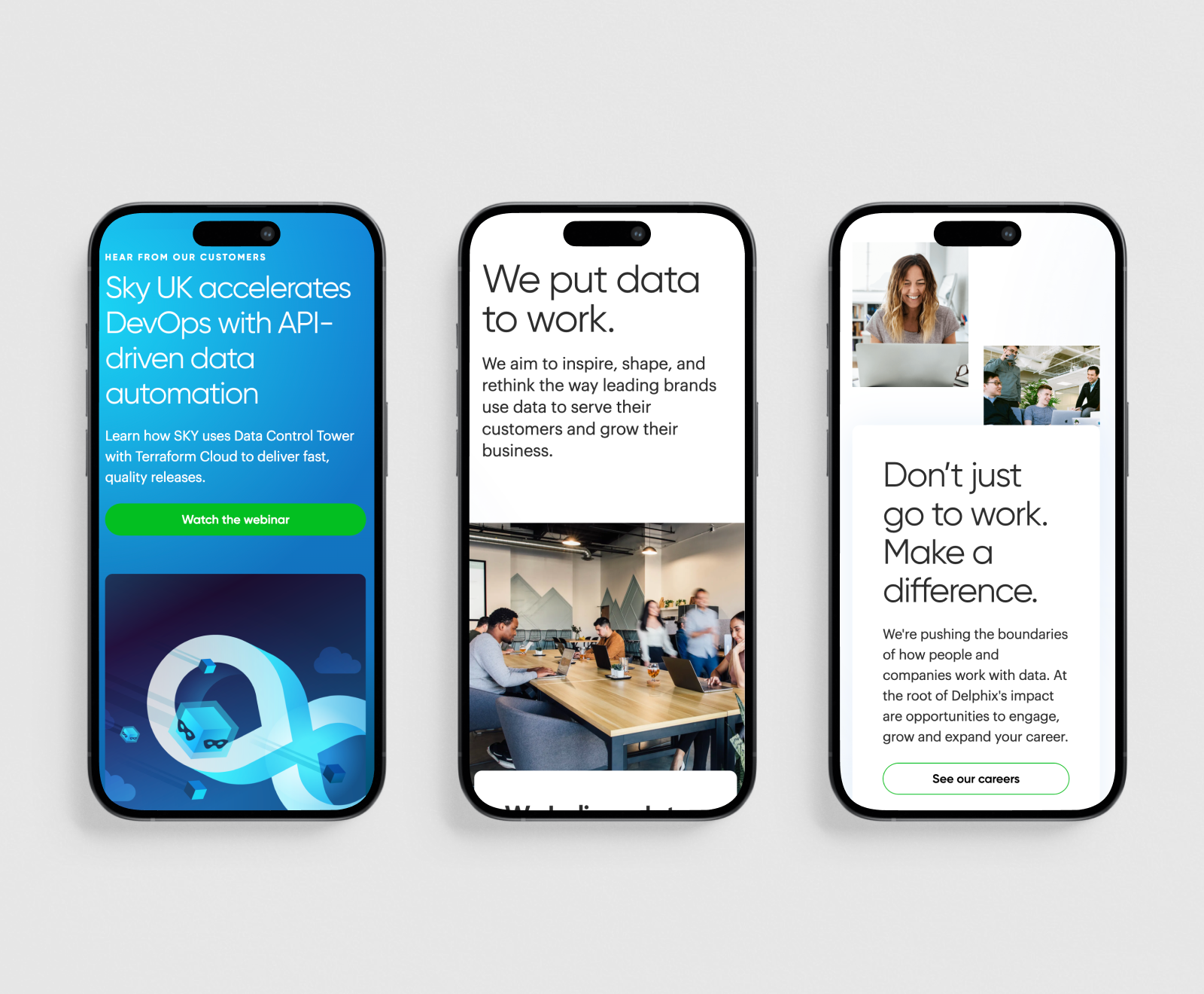 Three mobile phone screens display different corporate messages about data automation, workplace culture, and making an impact through careers at a technology company.