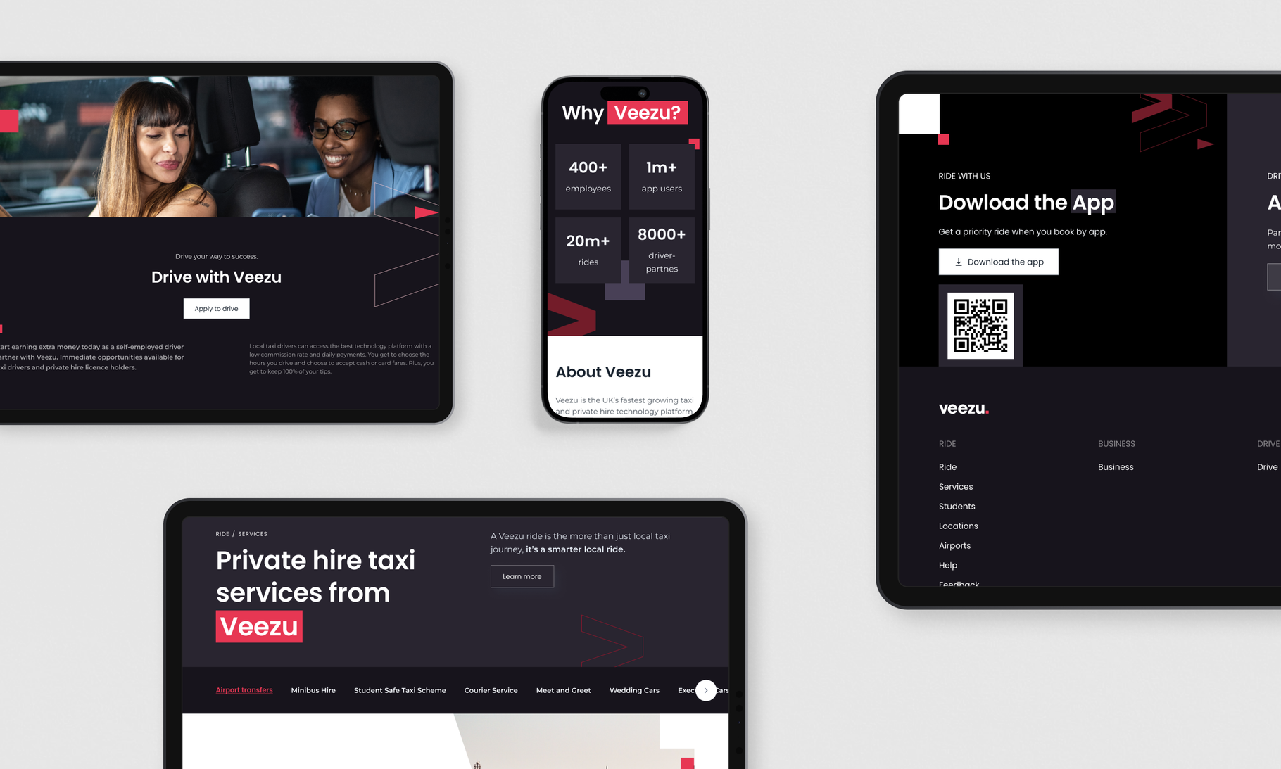 A collection of digital mockups shows the Veezu taxi service app and website displayed across multiple devices including tablets, smartphones, and desktop screens.