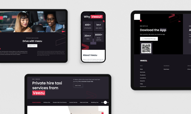A collection of digital mockups shows the Veezu taxi service app and website displayed across multiple devices including tablets, smartphones, and desktop screens.