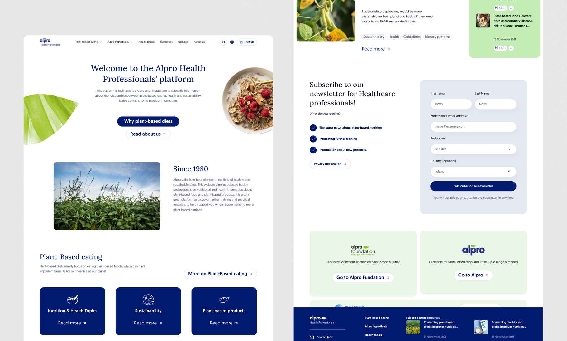 A professional healthcare platform website showcasing plant-based eating resources, with sections for nutrition topics, sustainability, and a newsletter signup form.
