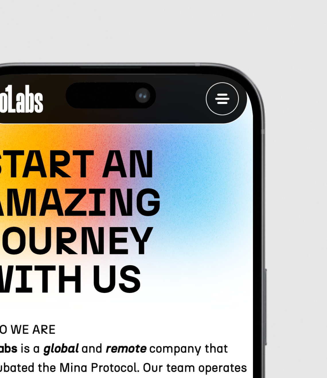 A mobile app interface displays "START AN AMAZING JOURNEY WITH US" against a gradient background that transitions from orange to blue.