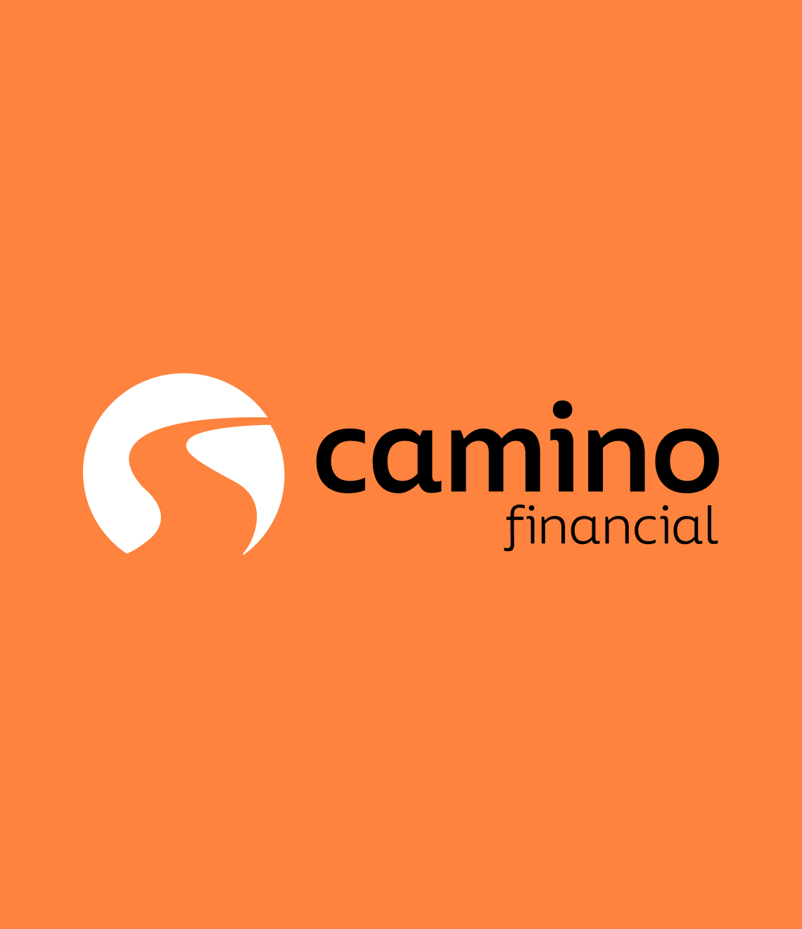 The Camino Financial logo features a white curved path or road symbol alongside black text on an orange background.