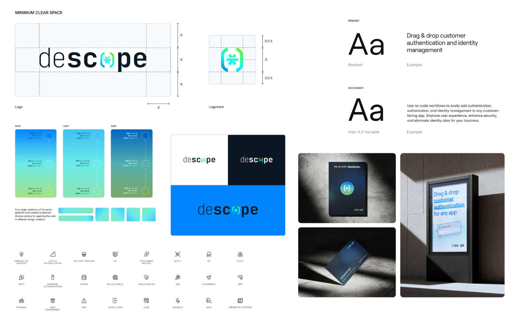 A comprehensive brand identity system for "Descope" featuring logo variations, typography, color schemes, icons, and product mockups for a customer authentication platform.