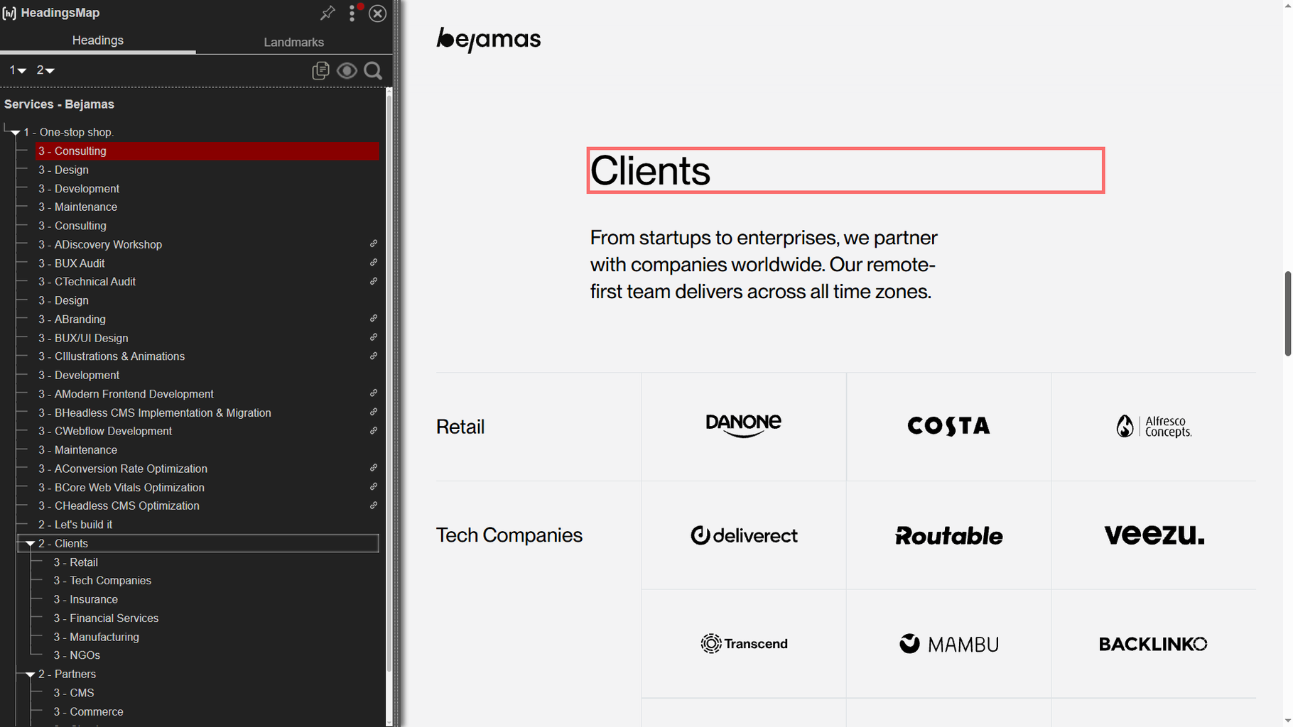 A website's client section displays various company logos organized into retail and tech categories, with brands like Danone, Costa, Deliverect, and Veezu among others.