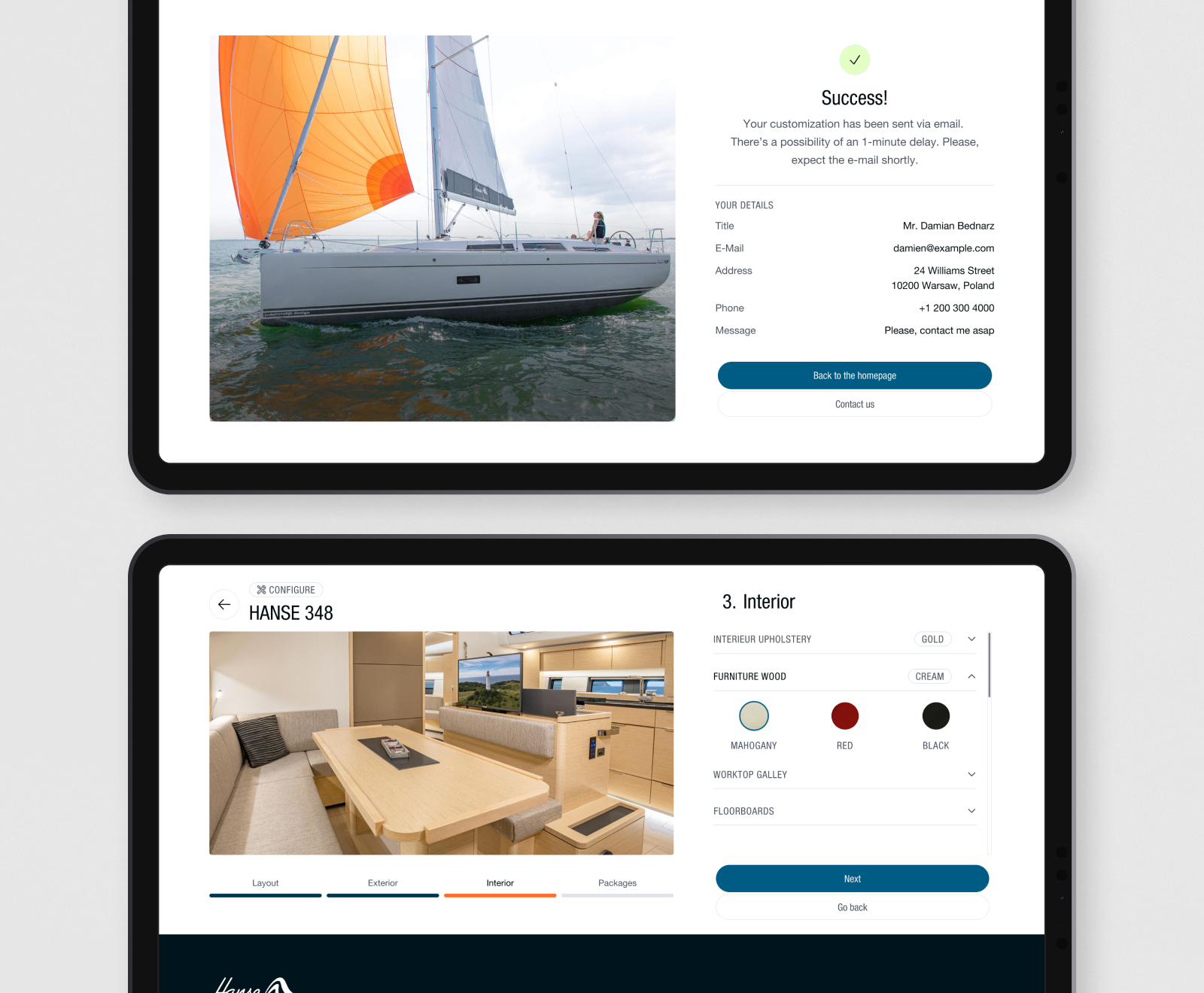 A yacht customization interface shows both exterior and interior views of a Hanse 348 sailboat, featuring options for furniture finishes and upholstery colors alongside confirmation details.