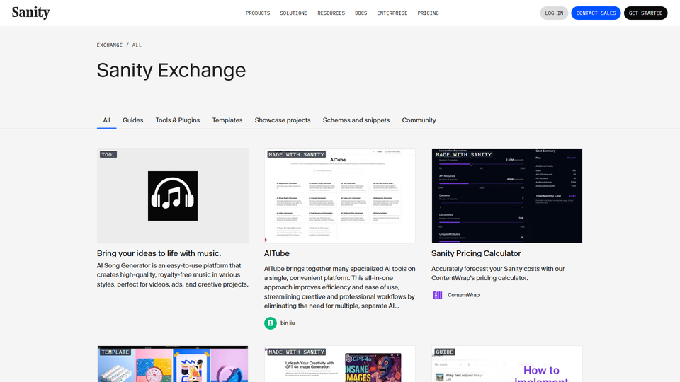 The Sanity Exchange showcases various tools, plugins, and templates including an AI Song Generator, AITube platform, and pricing calculator displayed in a clean, organized grid layout.