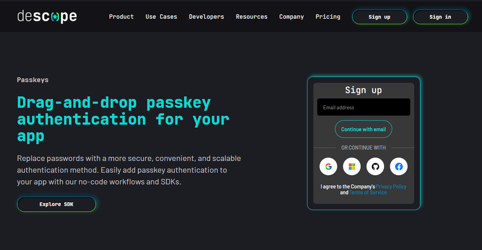 A dark-themed website interface showcases passkey authentication technology with a sign-up form and social login options.