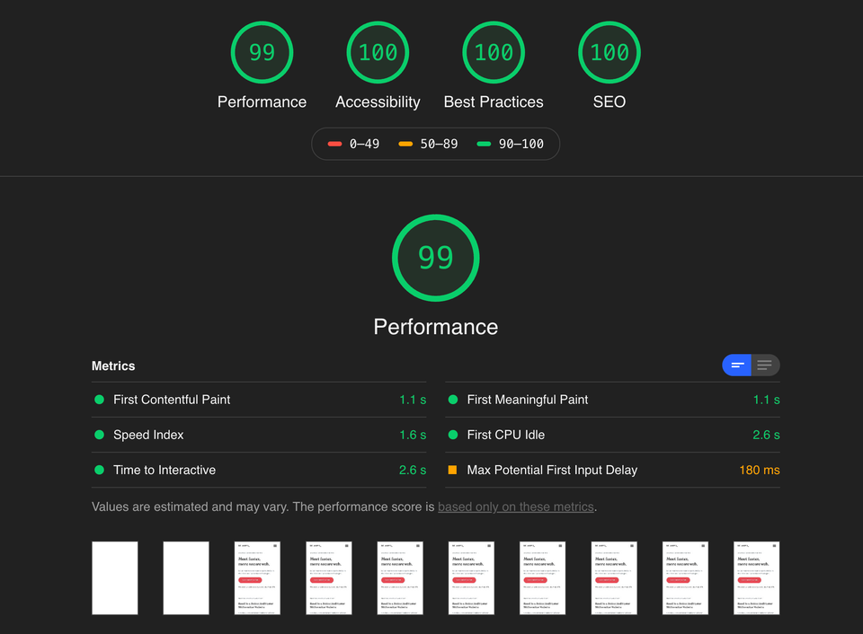 A website performance report shows near-perfect scores of 99-100 across key metrics including Performance, Accessibility, Best Practices, and SEO, with detailed timing measurements and mobile page screenshots displayed below.