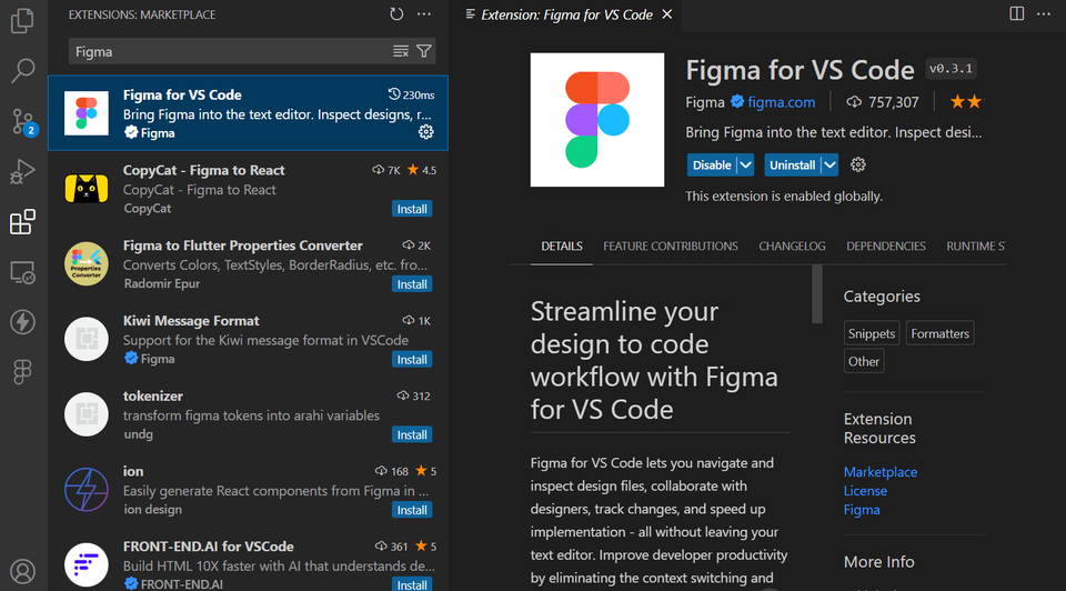 The VS Code marketplace displays the Figma extension interface, showing various Figma-related tools and plugins with installation options and feature descriptions.