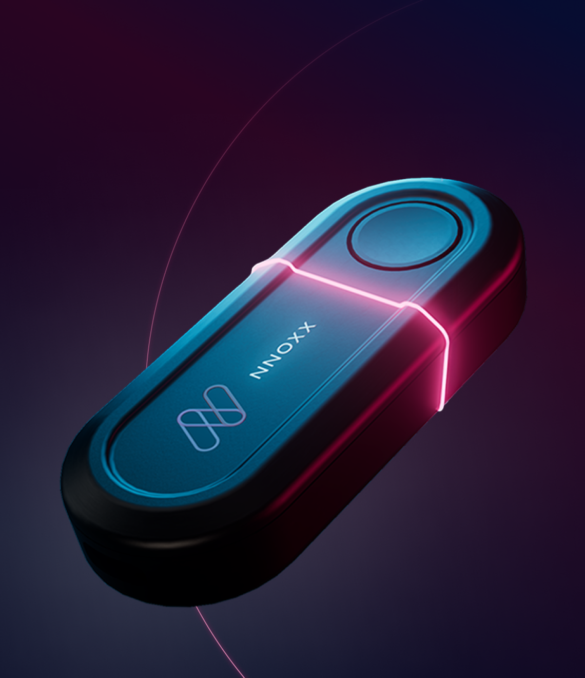 A sleek electronic device with the Ninoxx logo glows with dramatic blue and red neon lighting against a dark background.