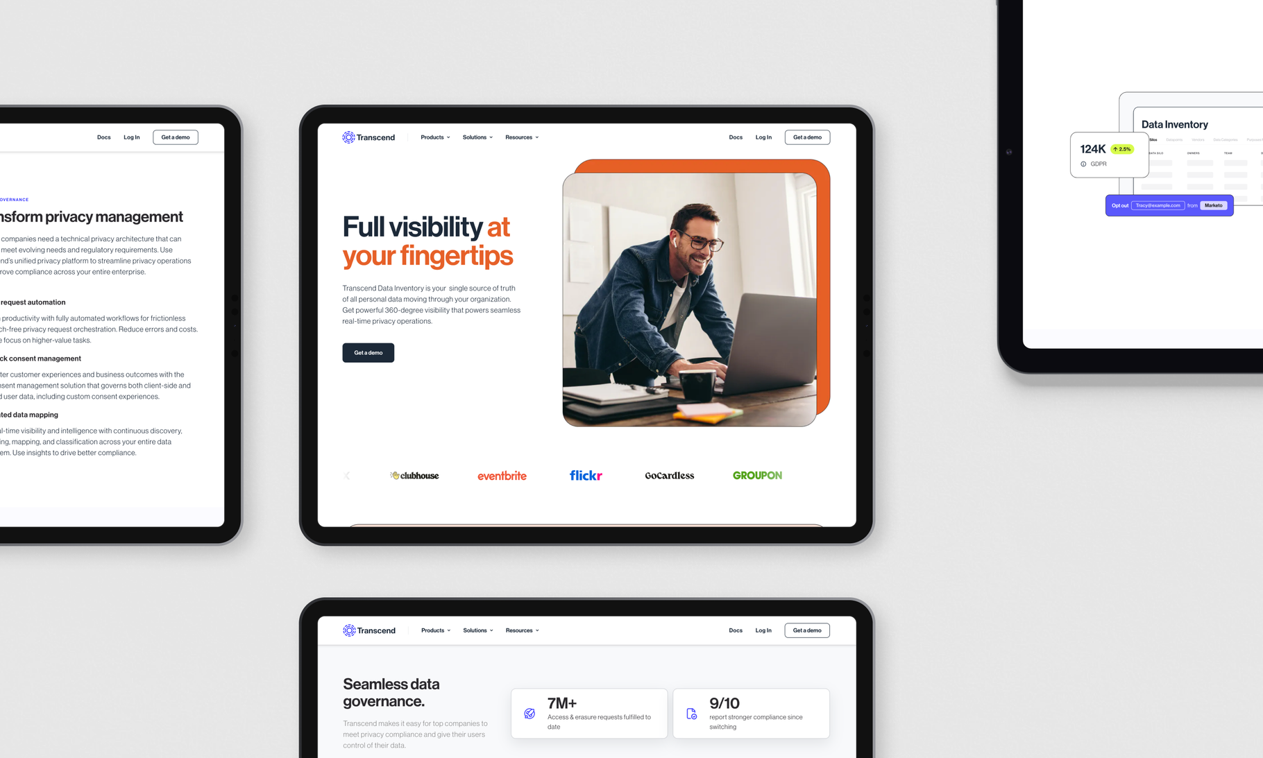 A collection of website interface mockups showcasing a data management platform's features, with Transcend logos and statistics displayed across multiple tablet screens.
