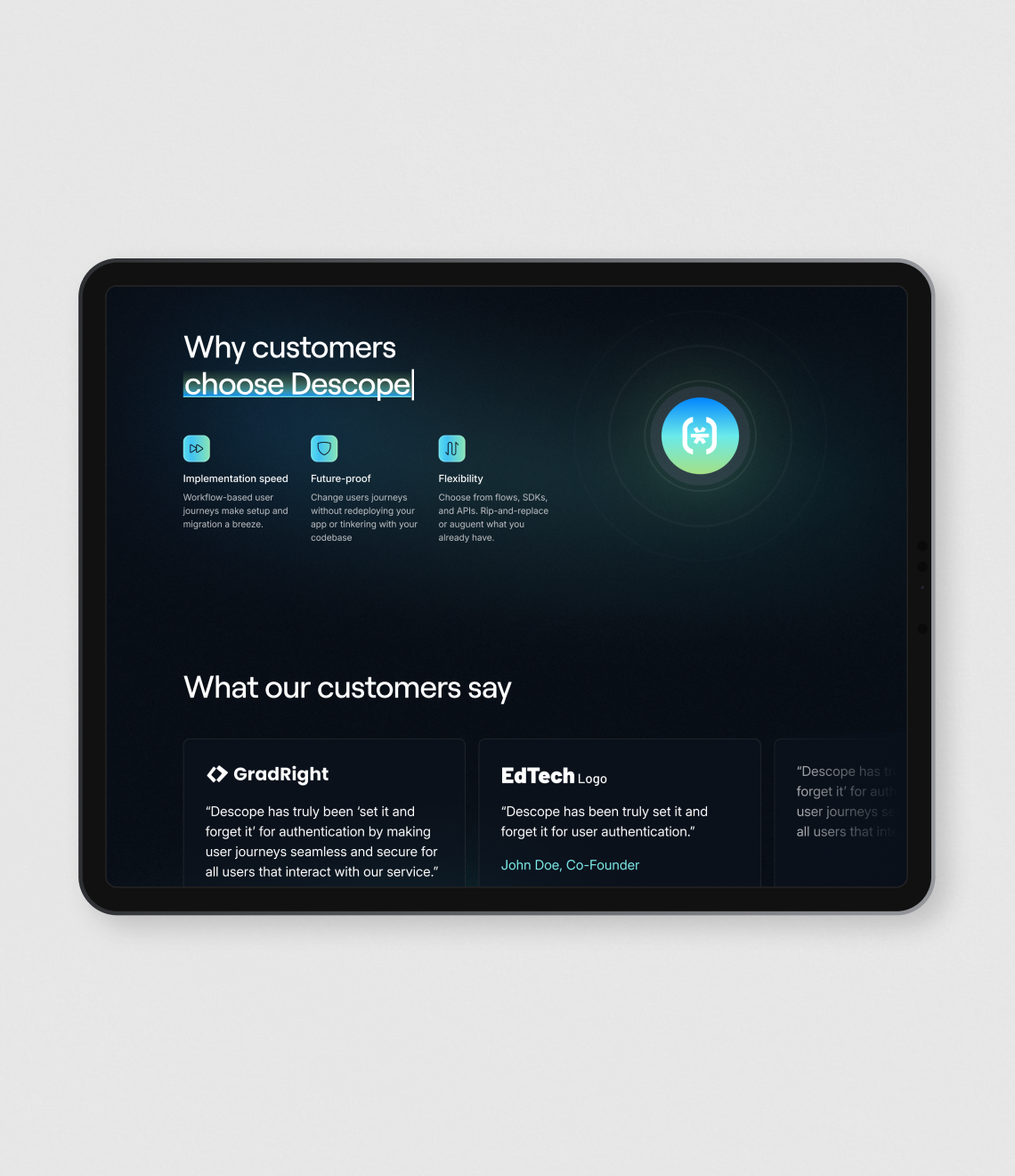 A dark-themed marketing interface displays Descope's key benefits and customer testimonials, highlighting implementation speed, future-proofing, and flexibility as main selling points.