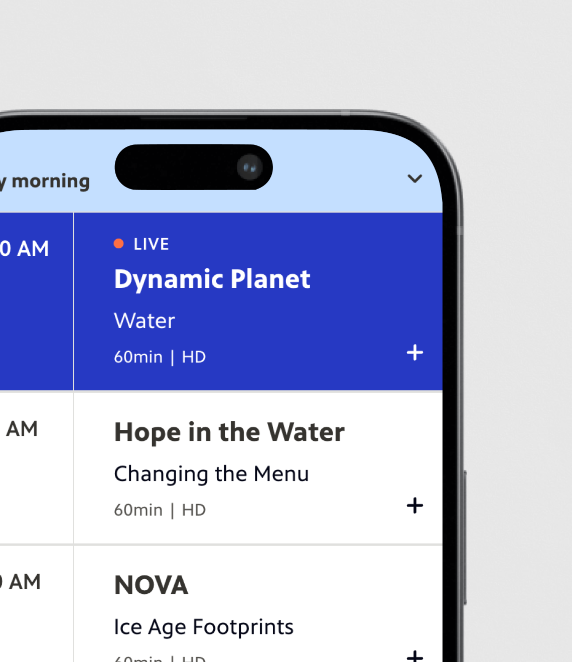 A mobile app interface shows a TV programming schedule with shows like "Dynamic Planet," "Hope in the Water," and "NOVA" displayed in HD with 60-minute durations.