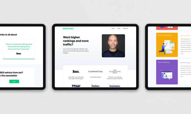 Three tablet screens display a modern website layout featuring SEO and marketing content, with prominent media outlet logos like Inc., Forbes, and Business Insider at the bottom.