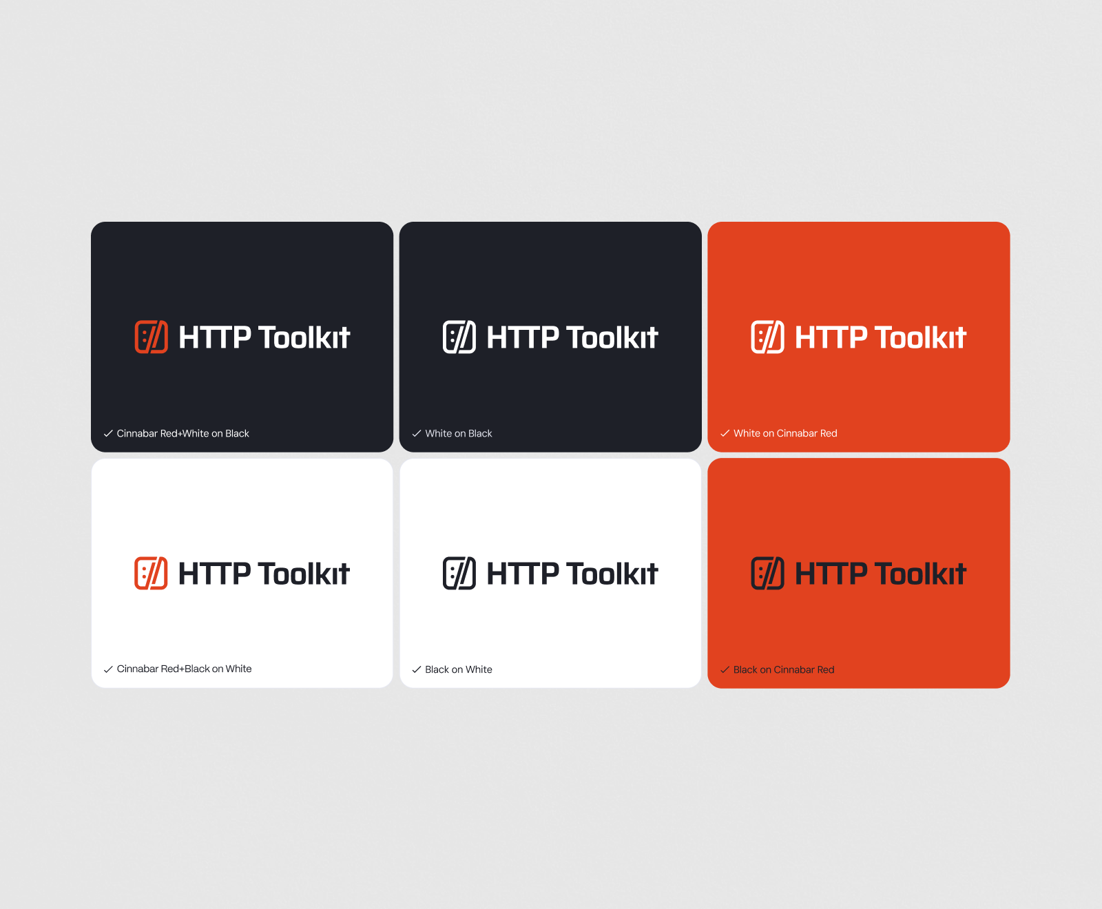 Six variations of the HTTP Toolkit logo are displayed in different color combinations including black, white, and cinnabar red backgrounds with contrasting text.