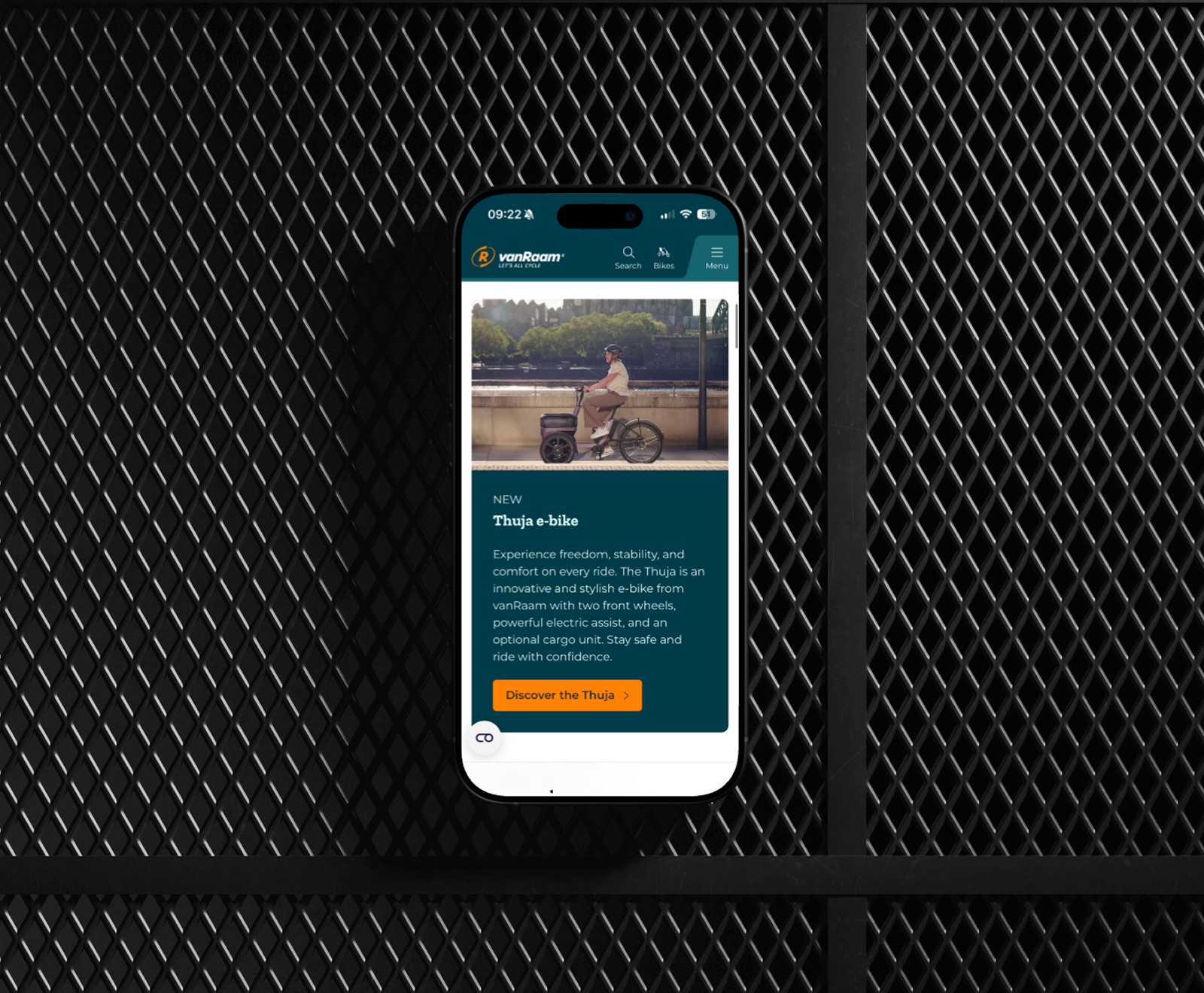 A smartphone displays a product page for the "Thuja e-bike" featuring a promotional image and description against a dark mesh background.
