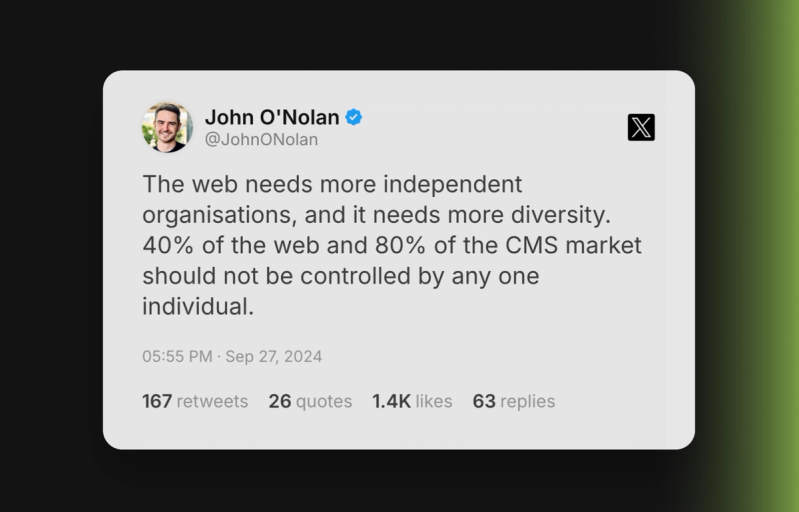 A tweet argues for greater web diversity, noting that 40% of the web and 80% of the CMS market shouldn't be controlled by a single individual.