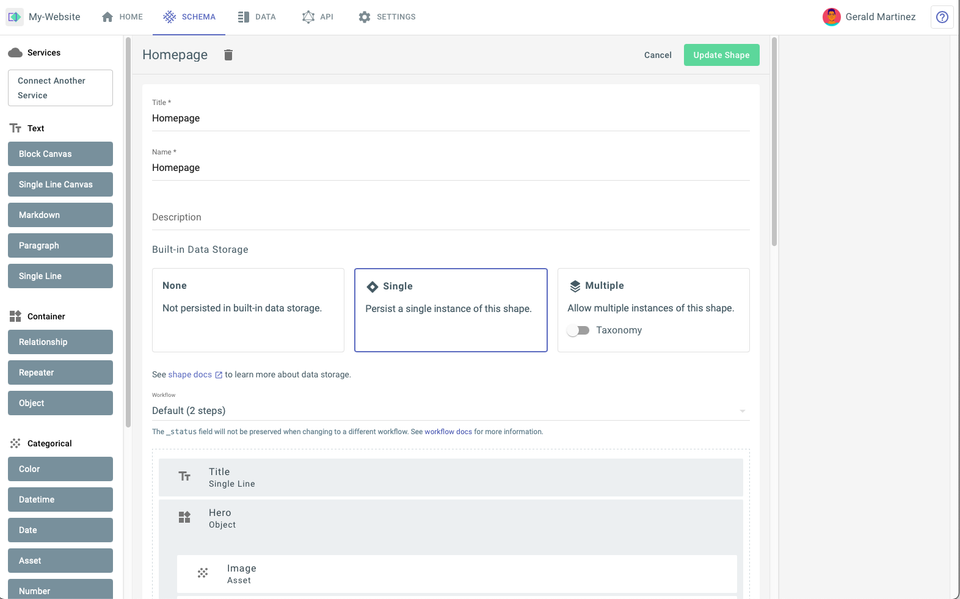 A web interface shows a shape editor with various configuration options including title, data storage settings, and component properties for a homepage layout.