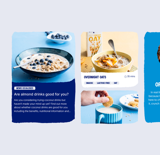 A collection of food-related social media posts shows breakfast dishes including overnight oats with blueberries and a discussion about almond drinks.