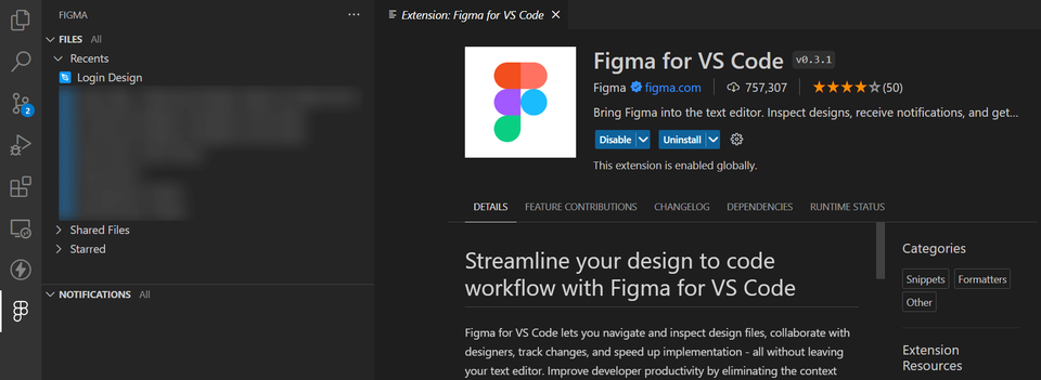 The VS Code marketplace displays the Figma extension interface, showing various Figma-related tools and plugins with installation options and feature descriptions.