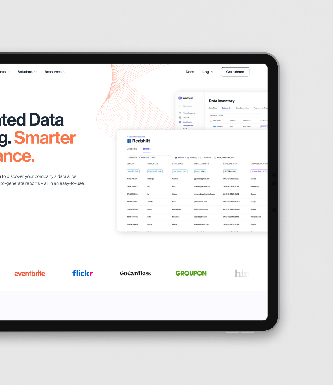 A data management dashboard displays Redshift and data inventory interfaces with company logos like Eventbrite, Flickr, and Groupon shown at the bottom.