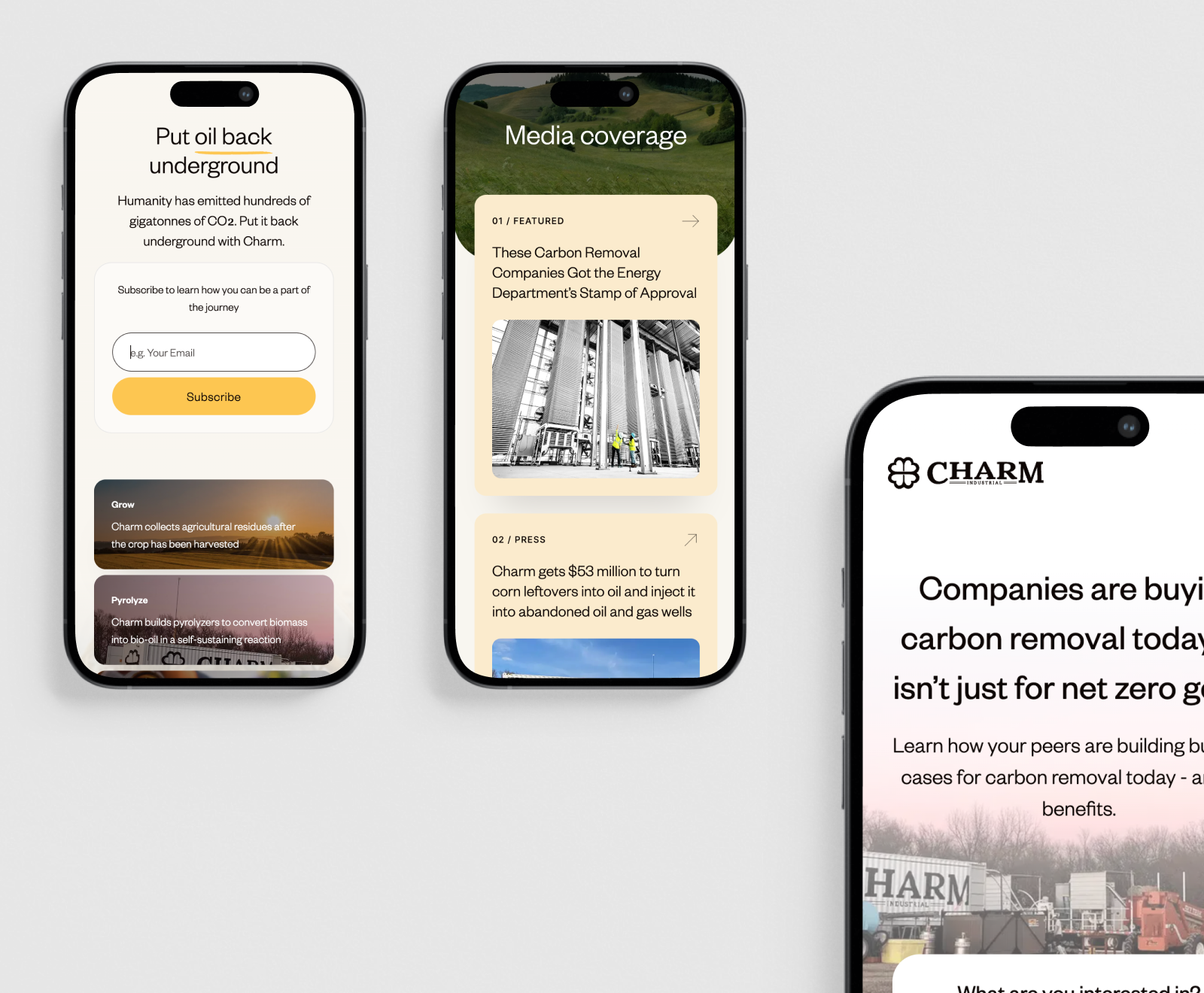 Three iPhone screens display a mobile app interface for Charm, showcasing media coverage and content about carbon removal and underground oil storage initiatives.