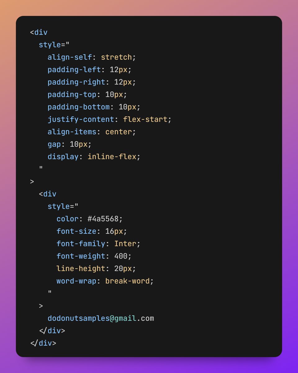 A CSS code snippet shows styling for a div container with an email address, using flexbox layout and specific padding, font, and color properties.