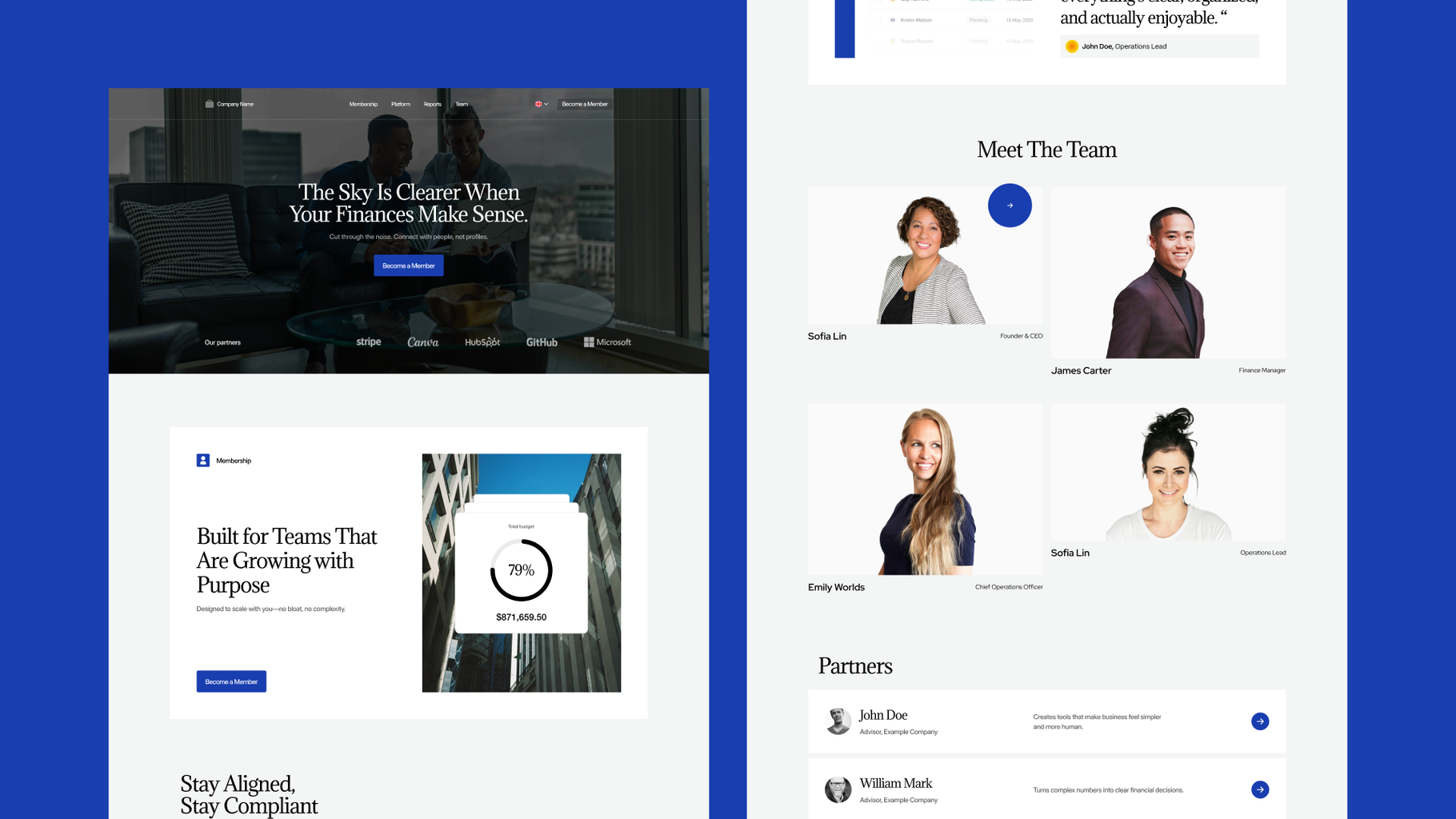 A modern financial services website layout featuring a clean design with team member profiles, statistics, and a professional dark header with the tagline "The Sky Is Clearer When Your Finances Make Sense."