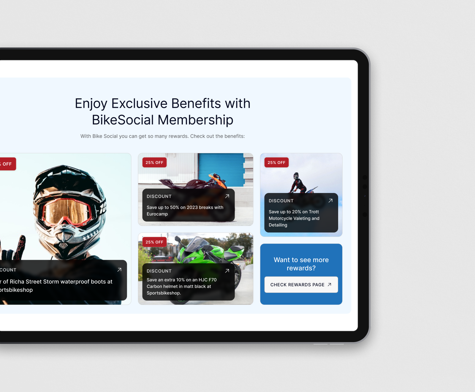A membership benefits interface displays various motorcycle gear discounts and rewards, including helmets, boots, and maintenance services, arranged in a grid layout on a tablet screen.