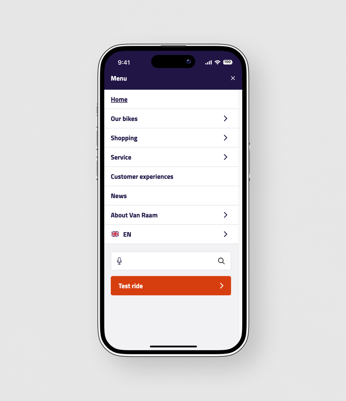 A mobile app menu interface for Van Raam displays navigation options including bikes, shopping, service, and a prominent "Test ride" button at the bottom.