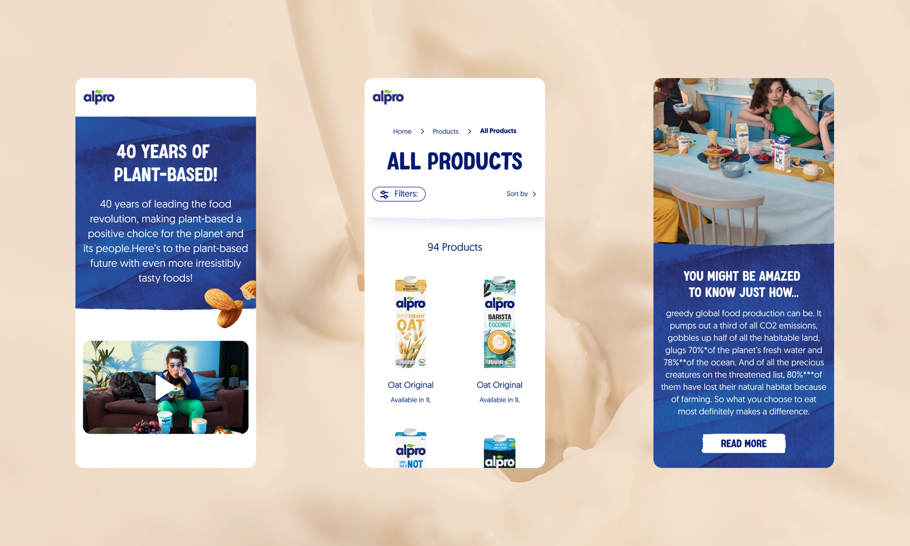 Three mobile app screens showcase Alpro's plant-based product line, featuring their 40-year history, product catalog, and environmental impact messaging.