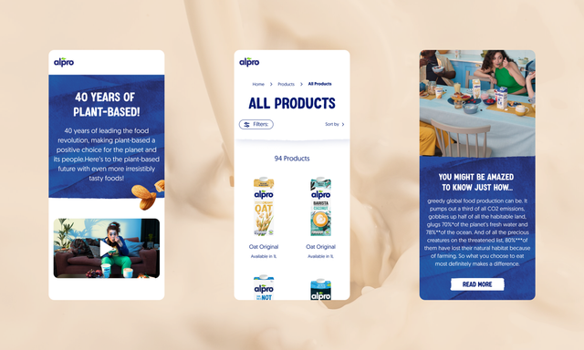 Three mobile app screens showcase Alpro's plant-based product line, featuring their 40-year history, product catalog, and environmental impact messaging.