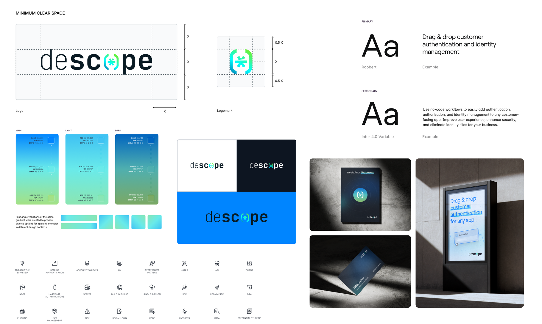 A comprehensive brand identity system for "Descope" featuring logo variations, typography, color schemes, icons, and product mockups in blue and black color schemes.