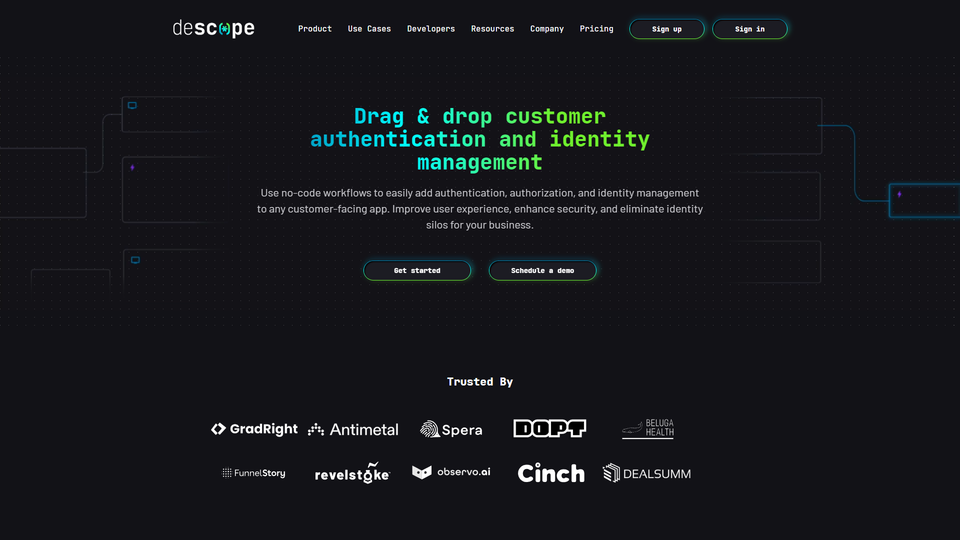 A dark-themed website landing page showcases drag-and-drop customer authentication features, displaying multiple tech company logos as trusted partners at the bottom.