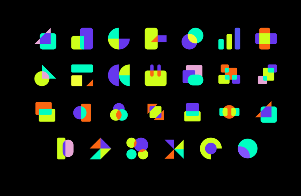 A collection of colorful geometric icons featuring simple shapes like circles, squares, and triangles arranged in a grid pattern against a black background.