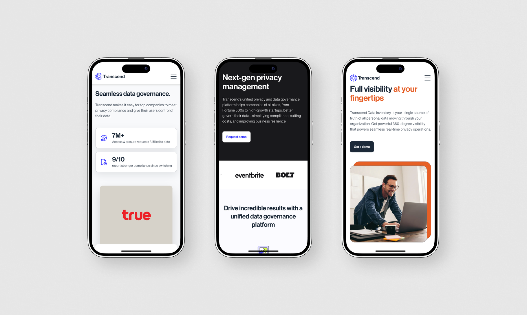 Three mobile phone screens display a modern website interface for Transcend's data governance platform, featuring clean typography and minimal design elements.