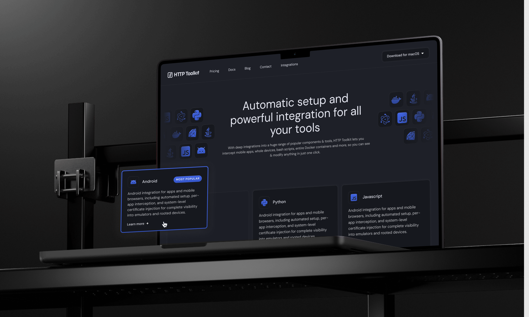 A dark-themed software interface displays information about automatic setup and tool integration, featuring icons for Android, Python, and JavaScript development platforms.