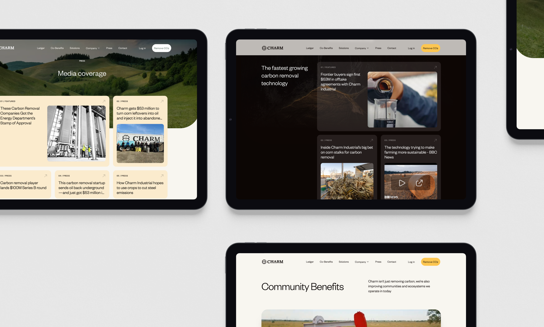 Three tablet screens display a modern website layout featuring media coverage, carbon removal technology, and community benefits sections with clean typography and imagery.