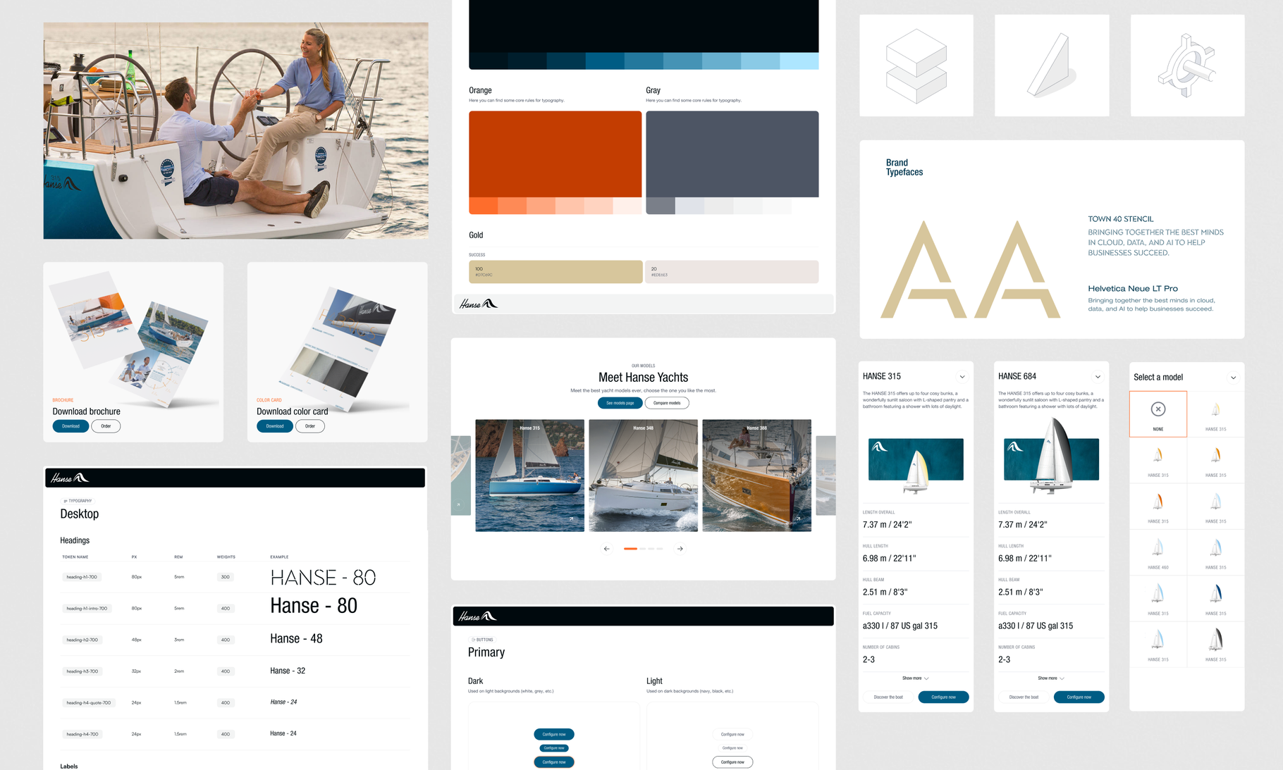 A comprehensive brand style guide and website design mockup for a yacht or boating company, featuring color palettes, typography, interface elements, and product photography.